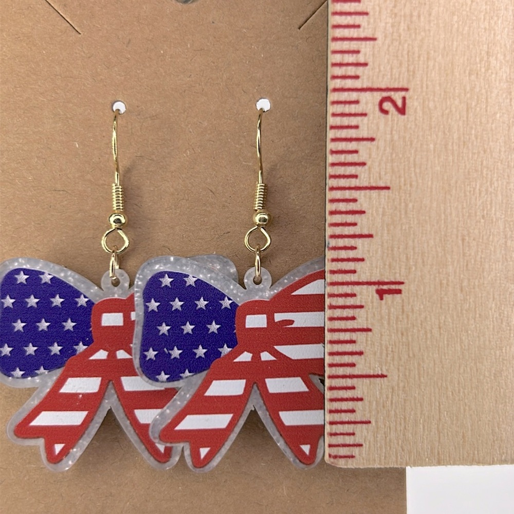 Acrylic Ribbon Red White and Blue Patriotic Hook Earrings  Fashion Jewelry - Picture 2 of 2